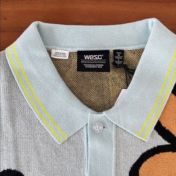 WESC short sleeve knit cardigan daisies polo collar button front blue orange M - Picture 8 of 14